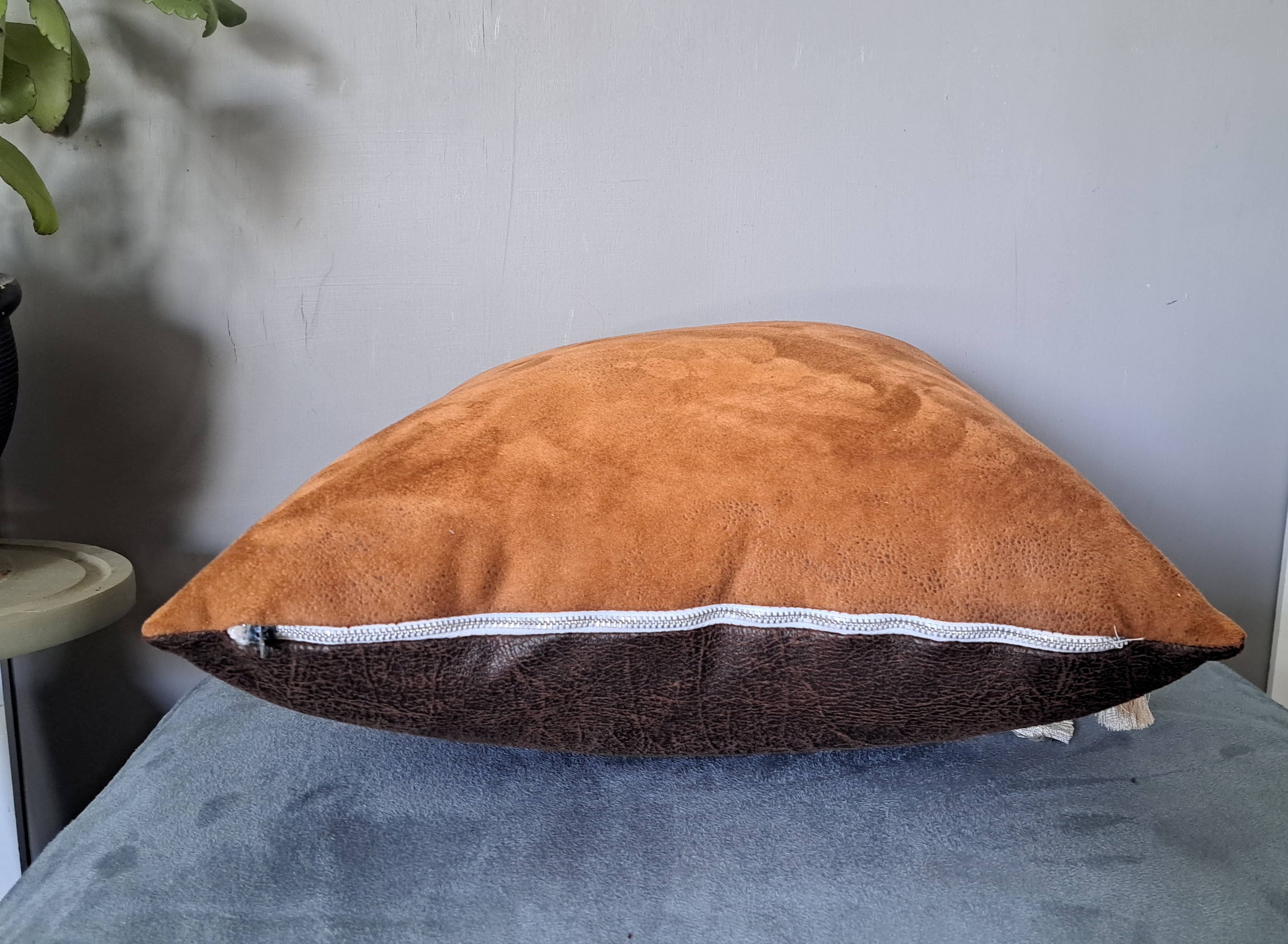 Brown Faux Leather Throw Pillow Cover with Tassels | Rustic Boho Cushion Cover