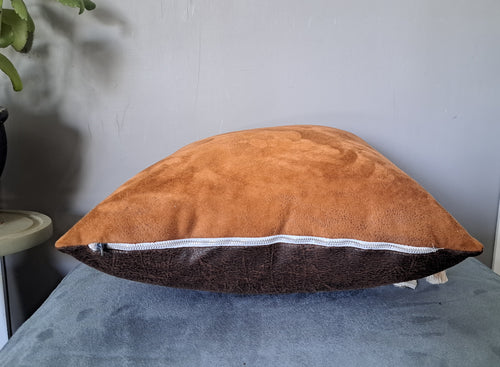 Brown Faux Leather Throw Pillow Cover with Tassels | Rustic Boho Cushion Cover