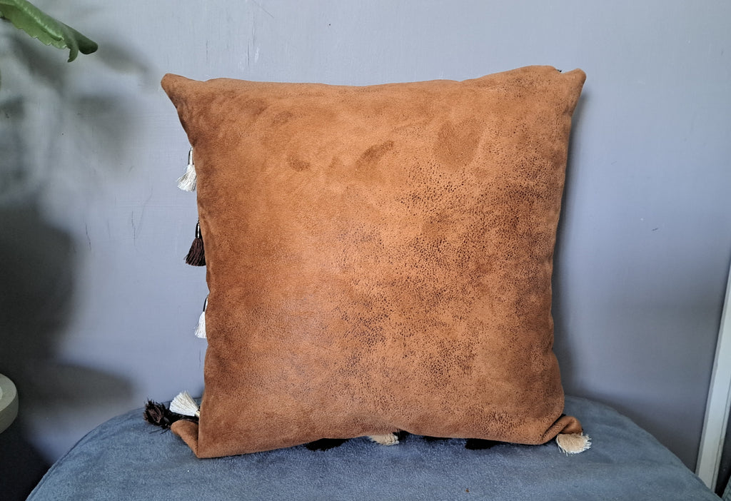 Brown Faux Leather Throw Pillow Cover with Tassels | Rustic Boho Cushion Cover