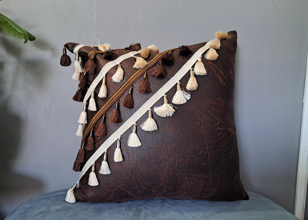 Brown Faux Leather Throw Pillow Cover with Tassels | Rustic Boho Cushion Cover