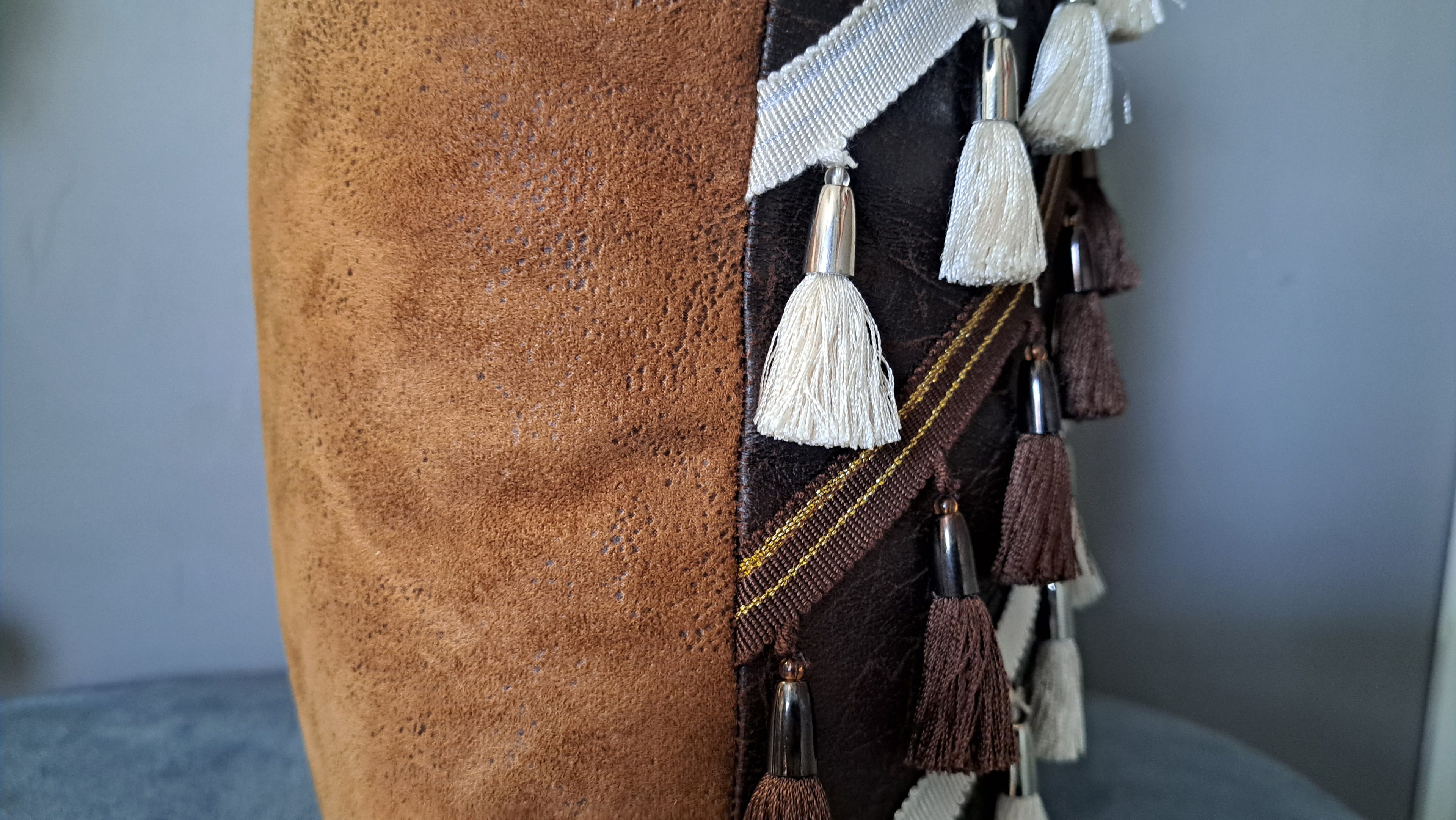 Brown Faux Leather Throw Pillow Cover with Tassels | Rustic Boho Cushion Cover