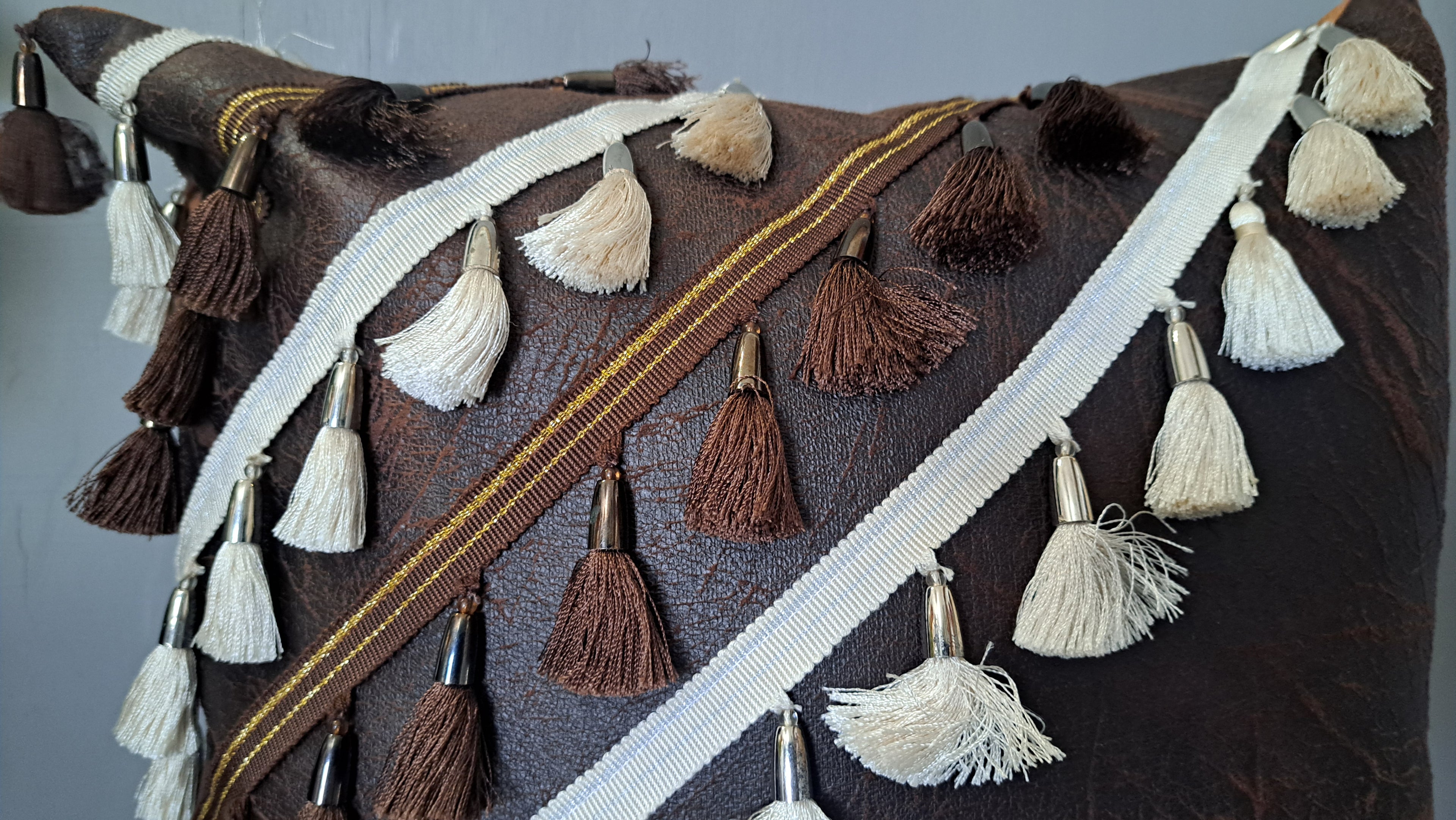 Brown Faux Leather Throw Pillow Cover with Tassels | Rustic Boho Cushion Cover