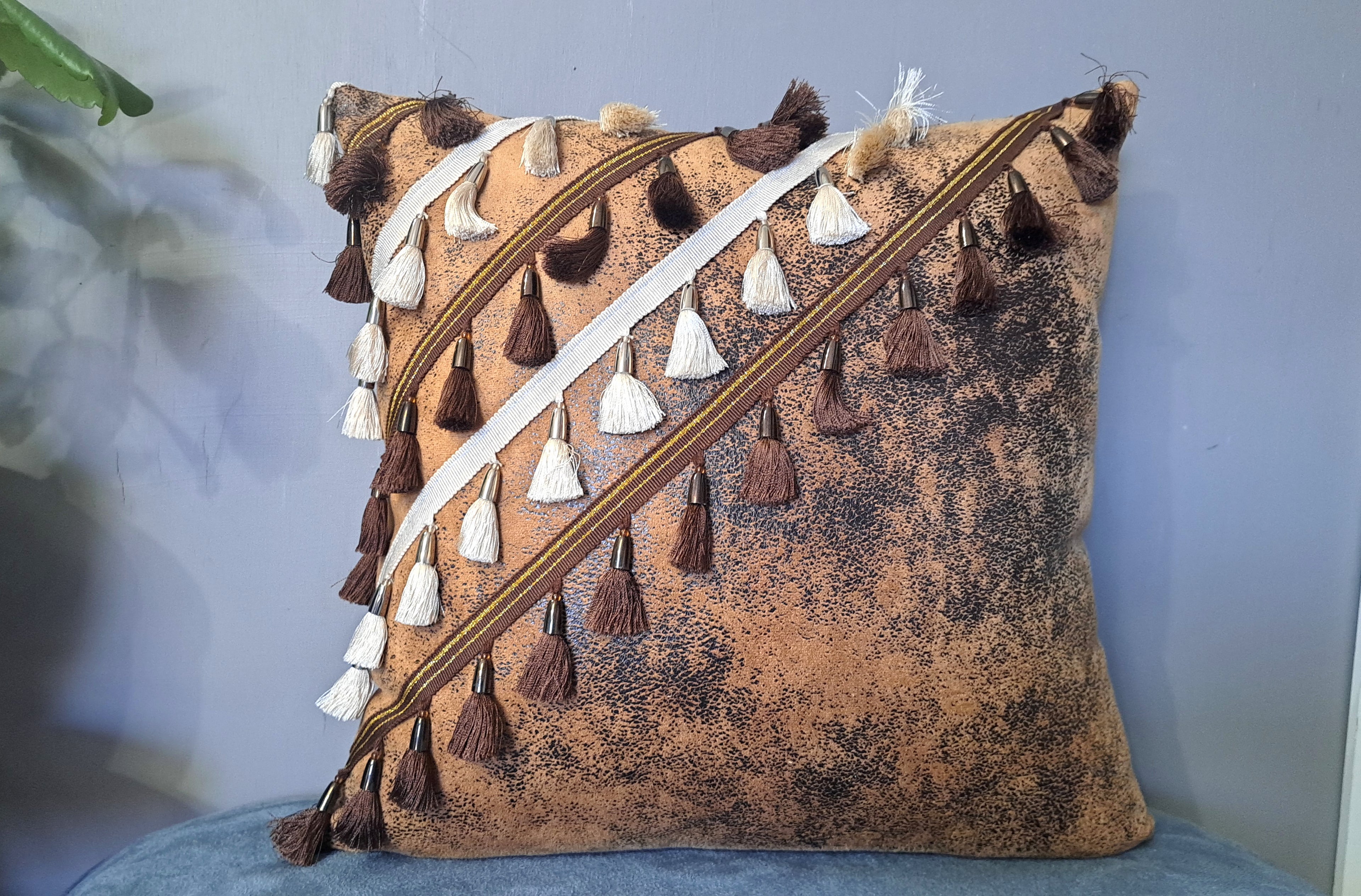 Earth Tone Speckled Faux Leather Pillow Cover with Tassels