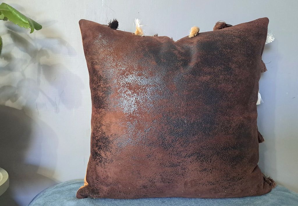 Earth Tone Speckled Faux Leather Pillow Cover with Tassels