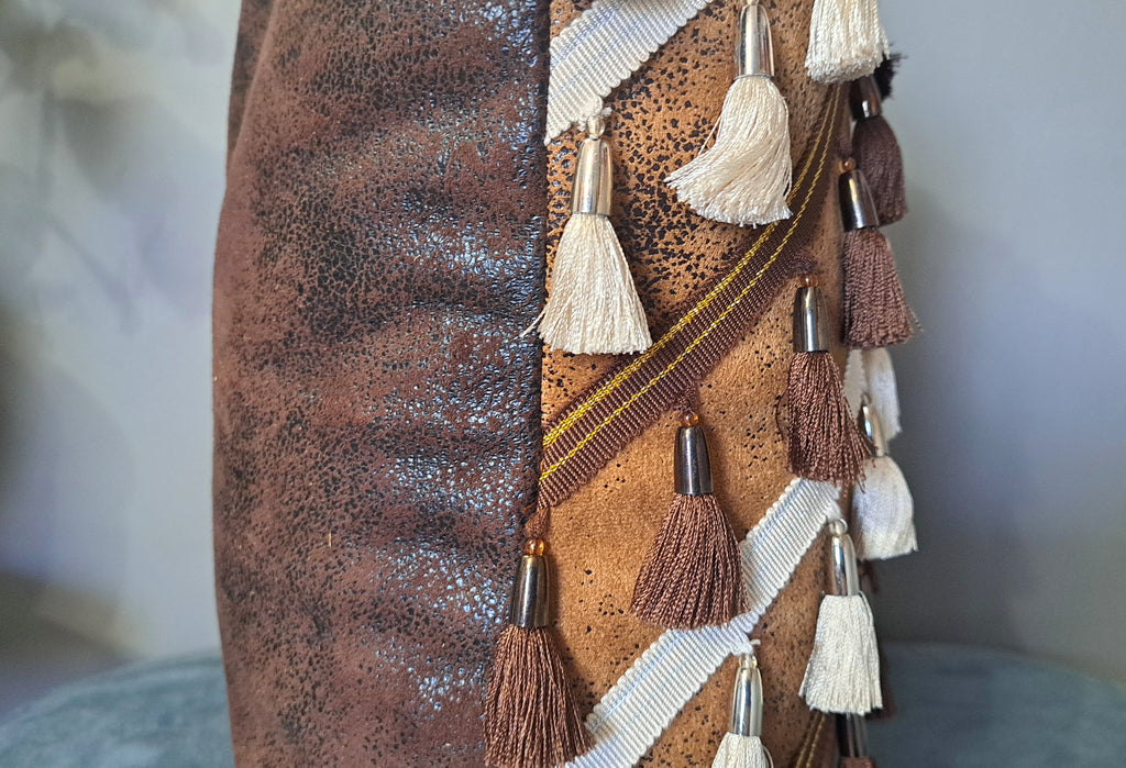 Earth Tone Speckled Faux Leather Pillow Cover with Tassels