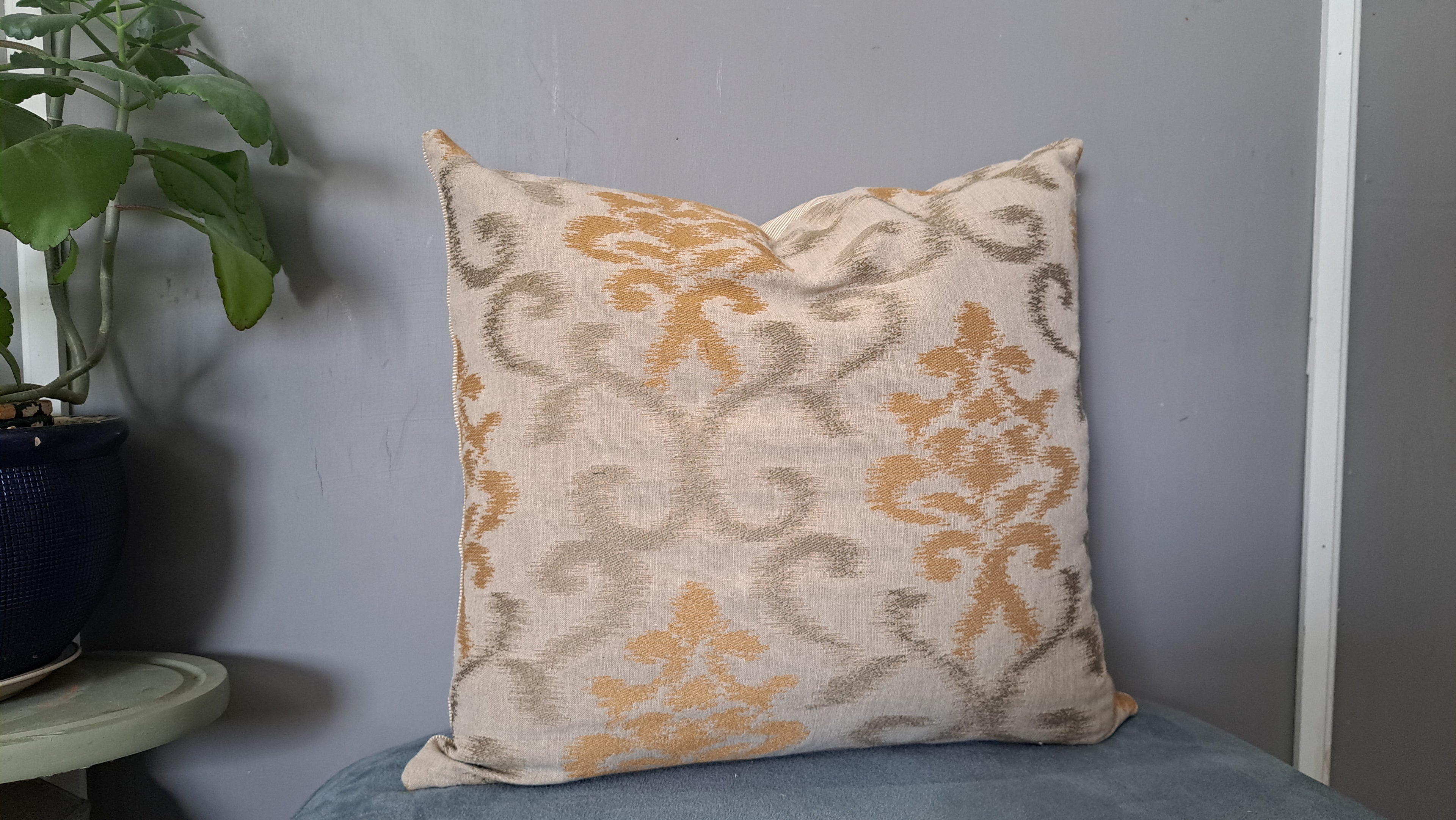 Neutral Batik Style Throw Pillow Cover – Beige & Soft Green Woven Cushion | 19” x 18”