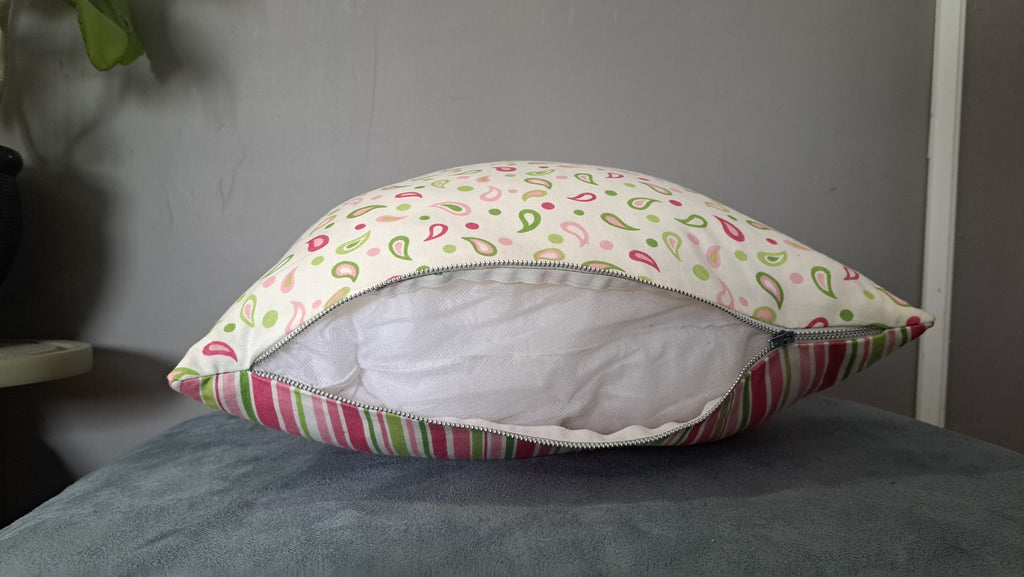 Multicolor Striped Pillow Cover with Paisley Back – 17” x 17” Cotton Blend Cushion | Reversible Boho Textile