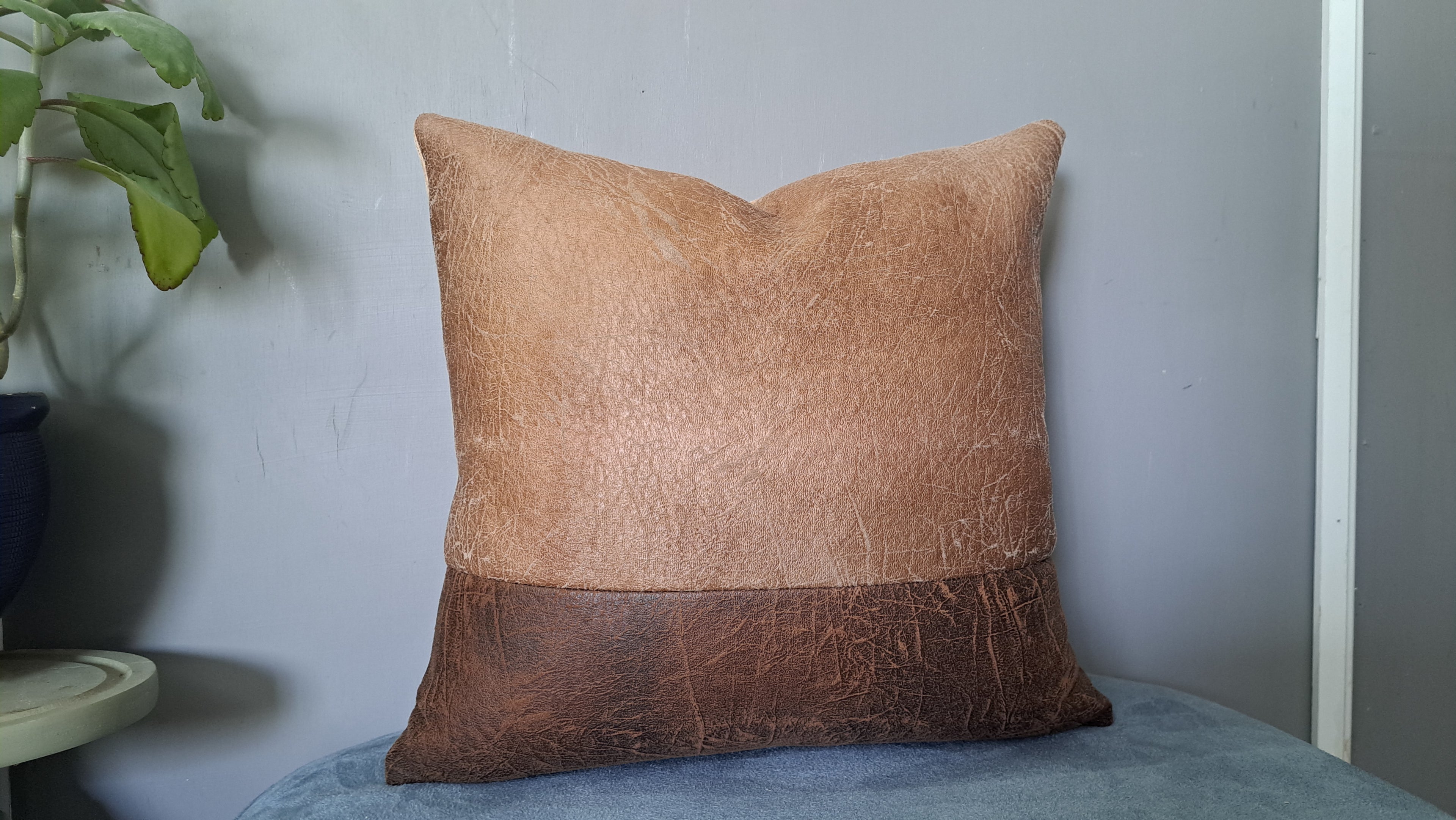 Crackled Faux Leather Pillow Cover – Warm Neutral Colour Block Handcrafted 17x17