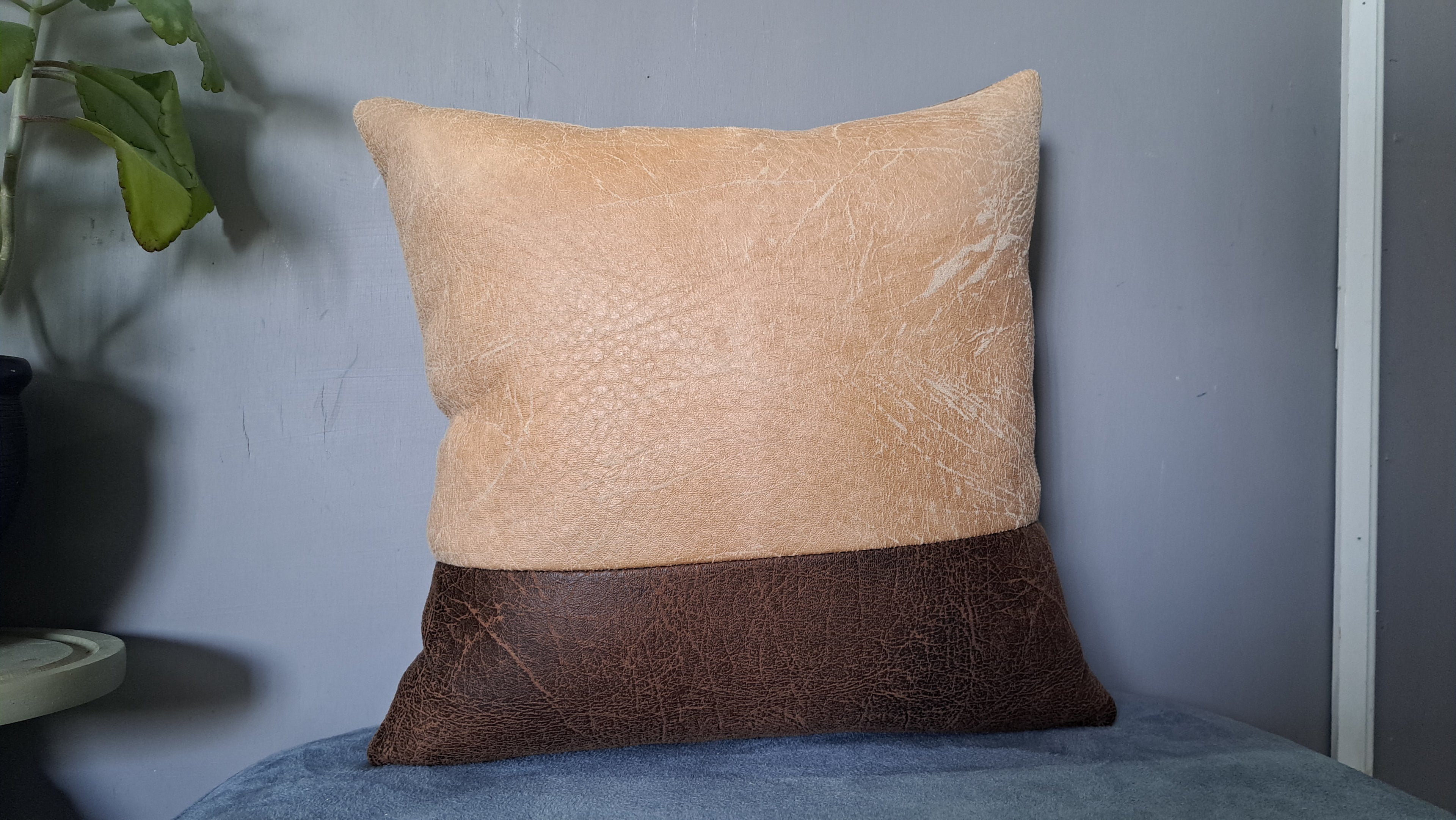 Crackled Faux Leather Pillow Cover – Warm Neutral Colour Block Handcrafted 17x17