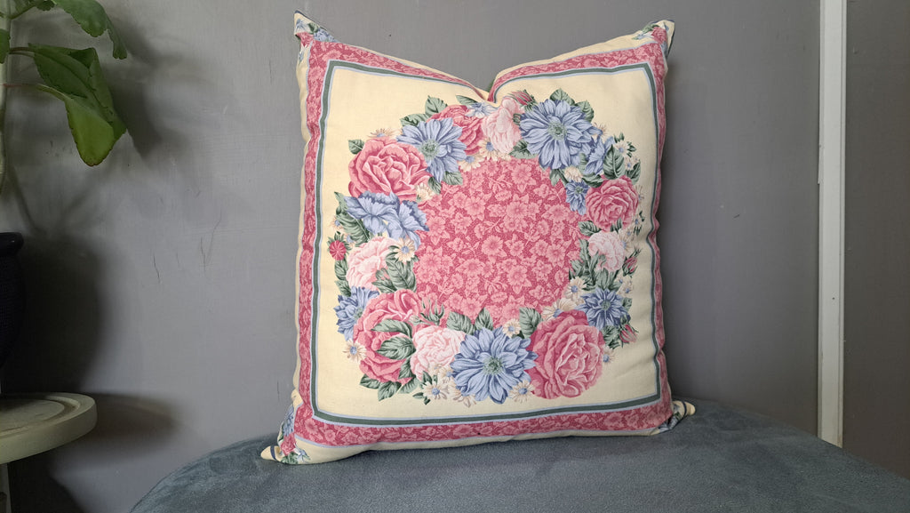Vintage Floral Wreath Pillow Cover – Pink & Blue Bouquet with Sage Green Back | 18” x 18”