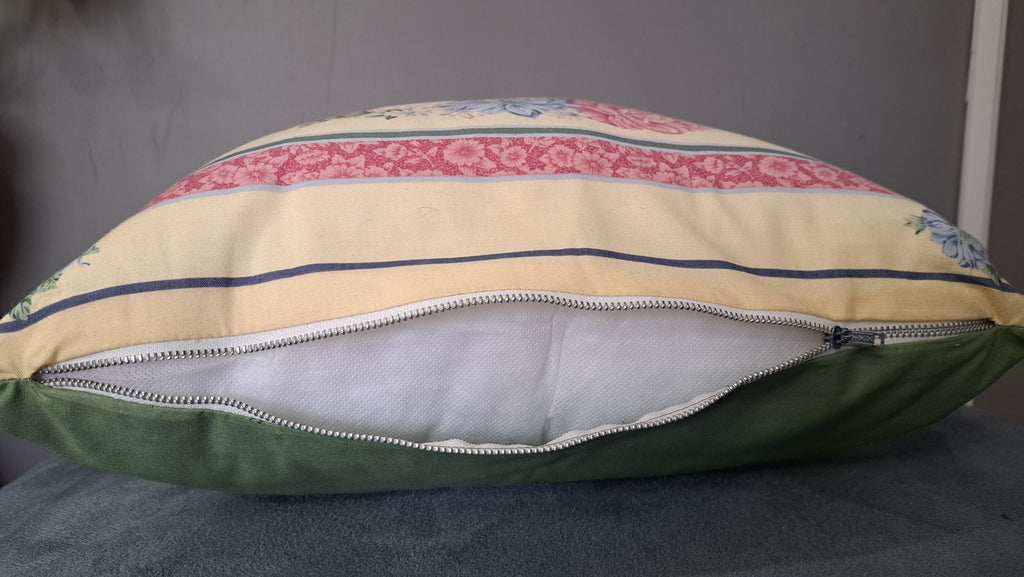 Vintage Floral Wreath Pillow Cover – Pink & Blue Bouquet with Sage Green Back | 18” x 18”
