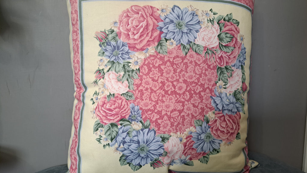 Vintage Floral Wreath Pillow Cover – Pink & Blue Bouquet with Sage Green Back | 18” x 18”
