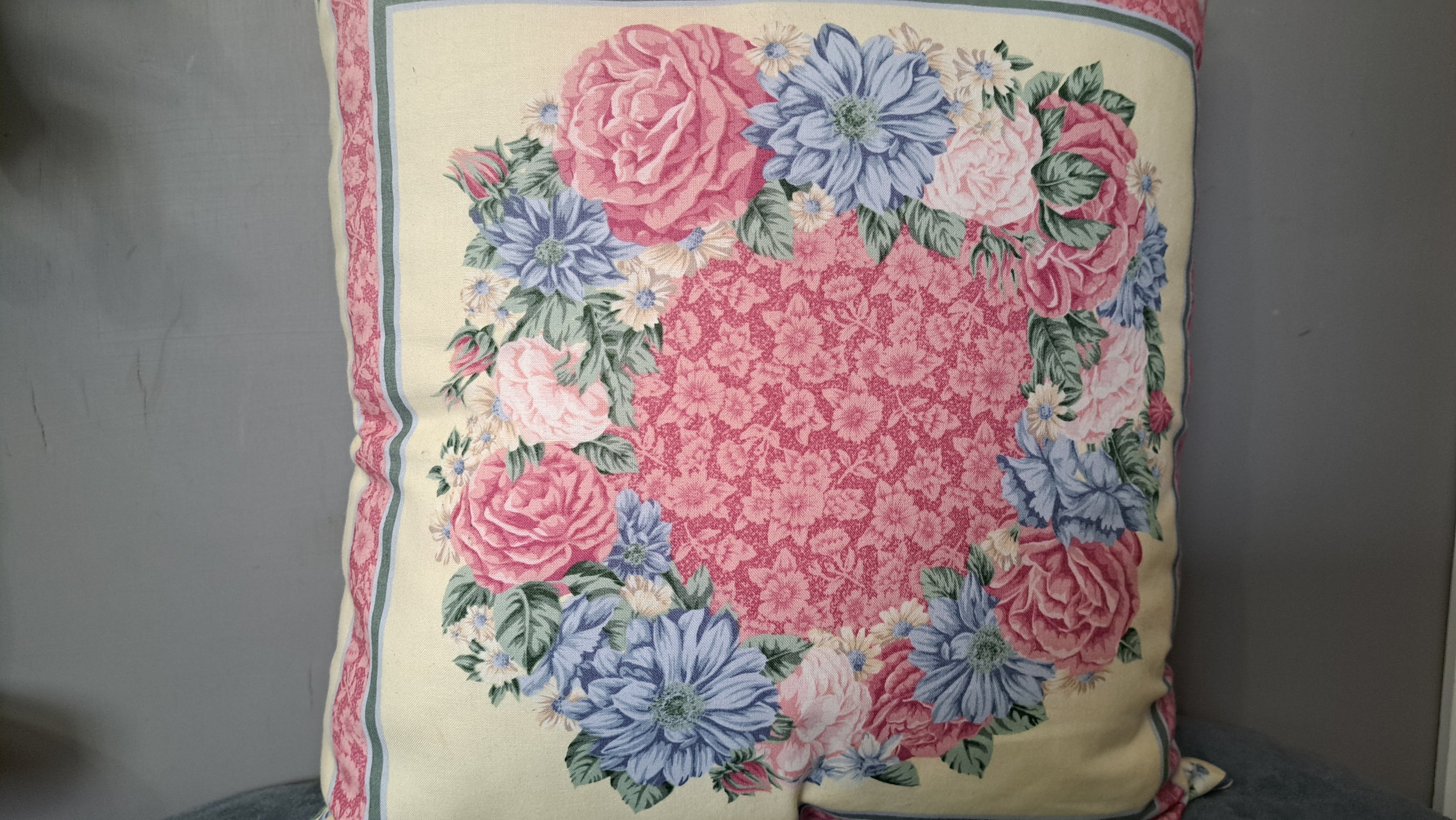 Vintage Floral Wreath Pillow Cover – Pink & Blue Bouquet with Sage Green Back | 18” x 18”
