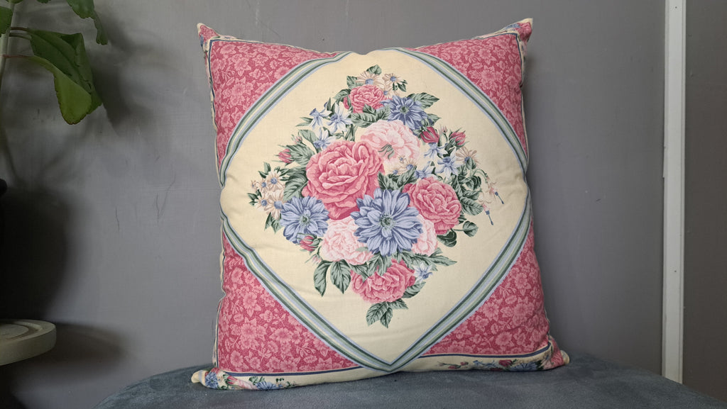 Vintage Floral Pillow Cover – Pink Rose Bouquet with Sage Green Chintz Back | 18” x 18”