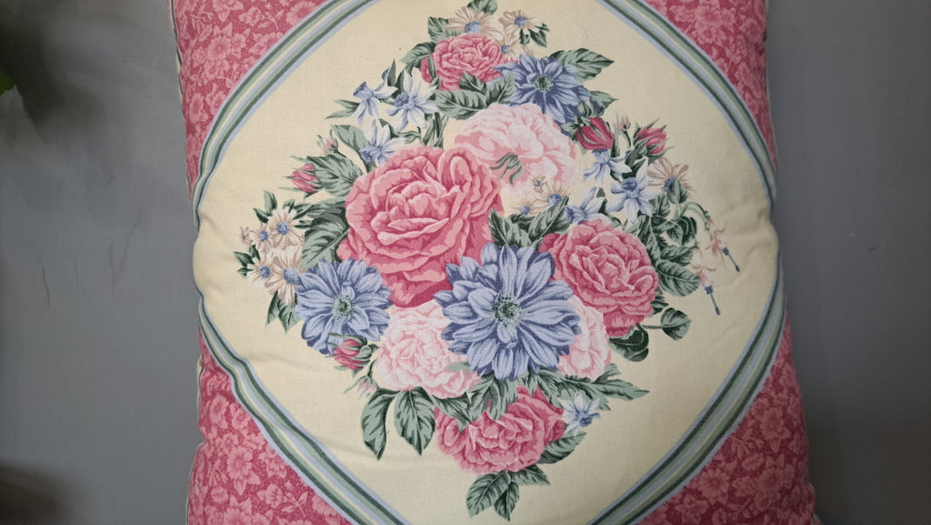 Vintage Floral Pillow Cover – Pink Rose Bouquet with Sage Green Chintz Back | 18” x 18”