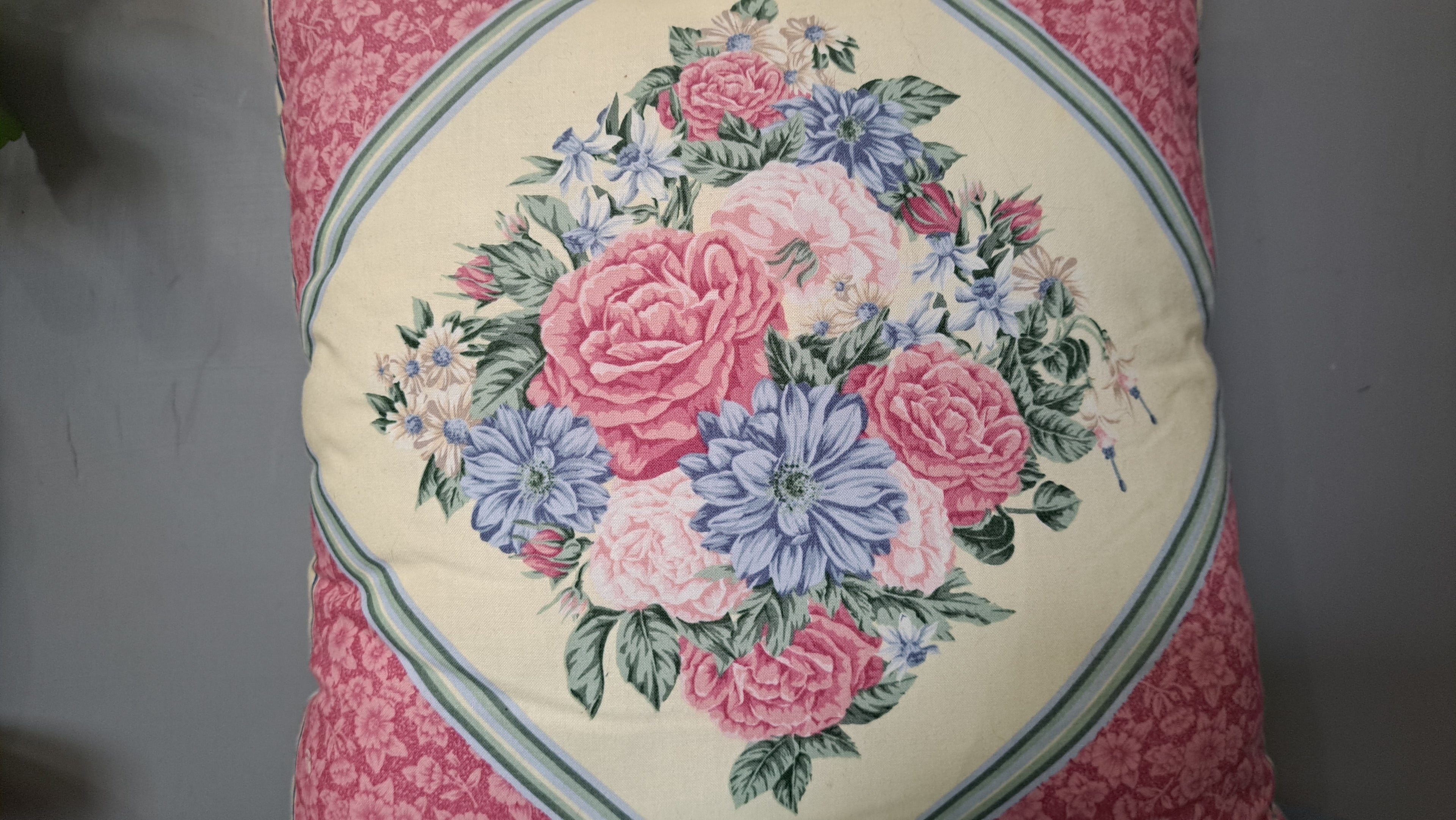 Vintage Floral Pillow Cover – Pink Rose Bouquet with Sage Green Chintz Back | 18” x 18”