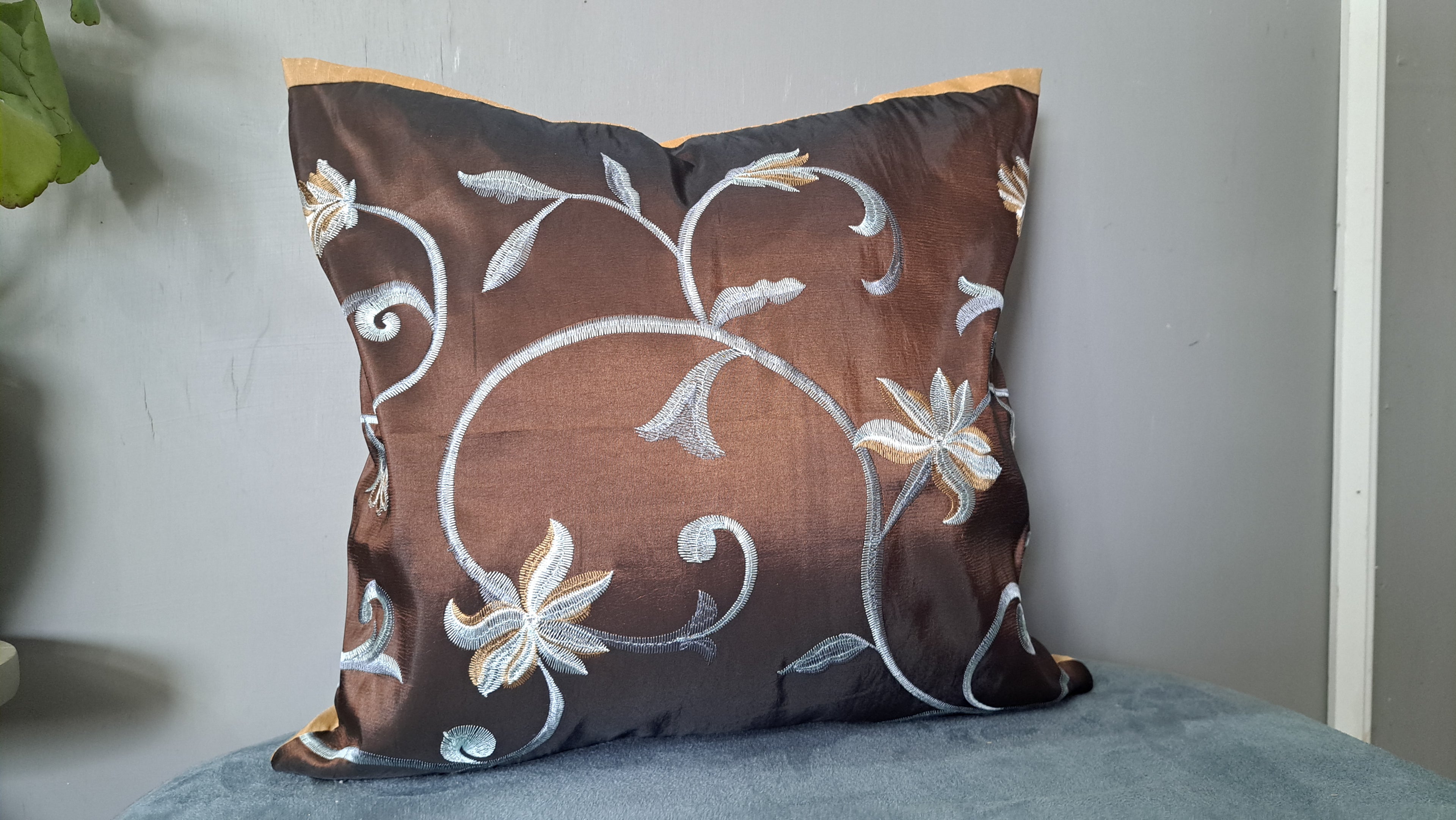 Embroidered Floral Pillow Cover – Bronze Brown with Beige Back | 17” x 16” Decorative Cushion, Textured Embroidery