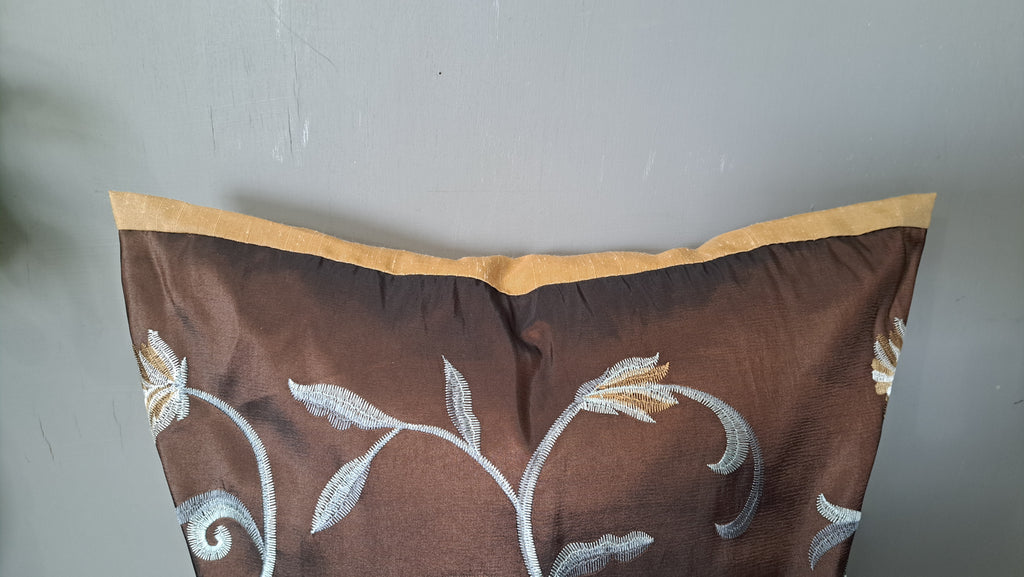 Embroidered Floral Pillow Cover – Bronze Brown with Beige Back | 17” x 16” Decorative Cushion, Textured Embroidery