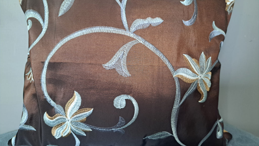 Embroidered Floral Pillow Cover – Bronze Brown with Beige Back | 17” x 16” Decorative Cushion, Textured Embroidery