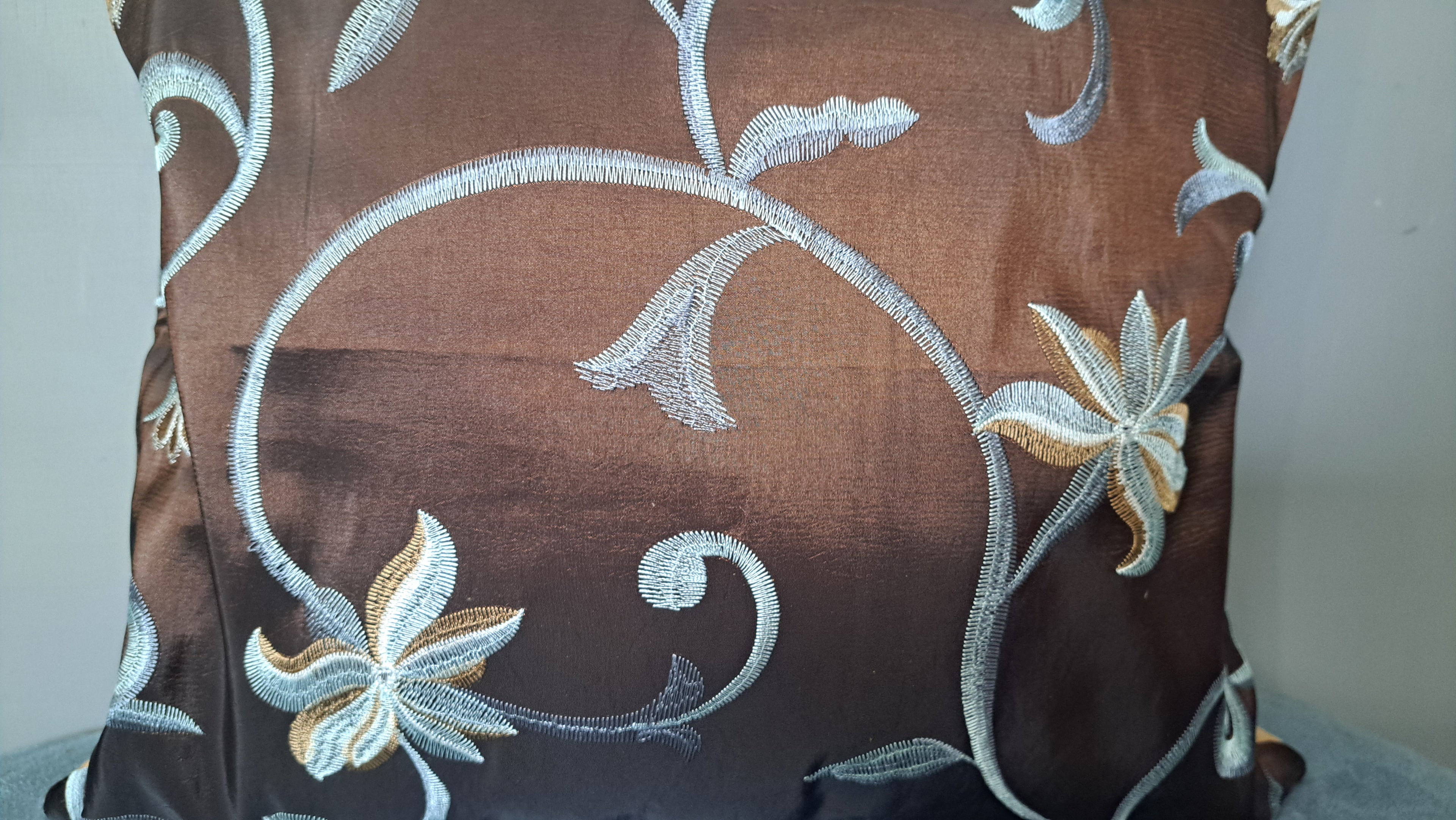 Embroidered Floral Pillow Cover – Bronze Brown with Beige Back | 17” x 16” Decorative Cushion, Textured Embroidery
