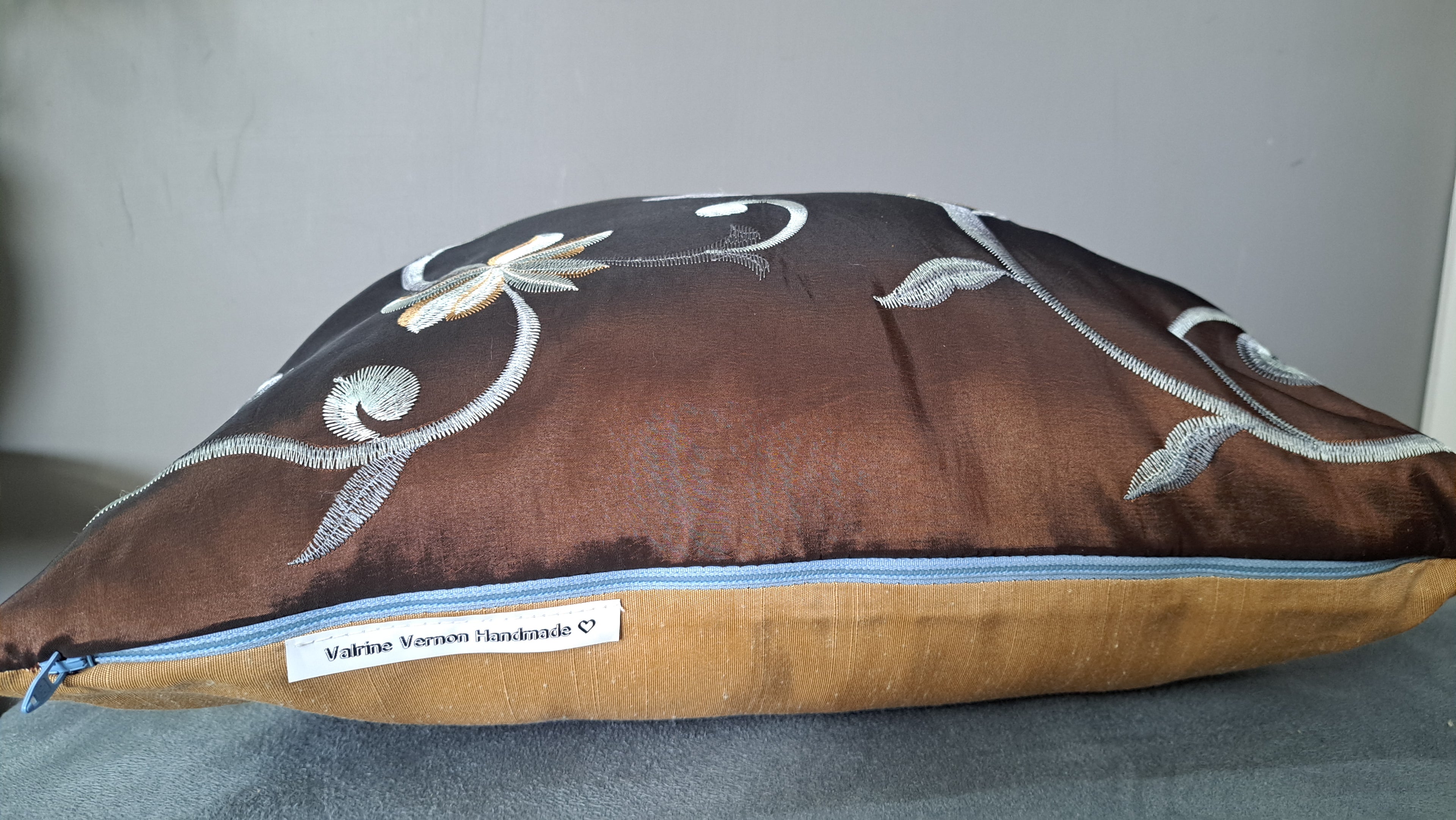 Embroidered Floral Pillow Cover – Bronze Brown with Beige Back | 17” x 16” Decorative Cushion, Textured Embroidery