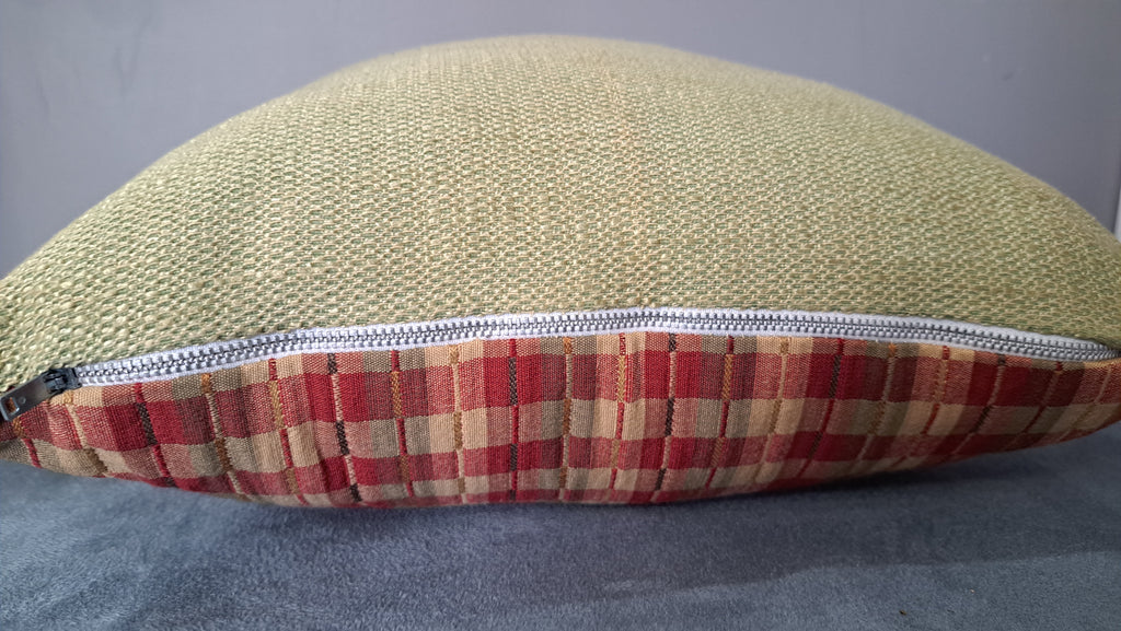 Multicolor Plaid Pillow Cover – Warm Red & Neutral Check with Textured Sage Back