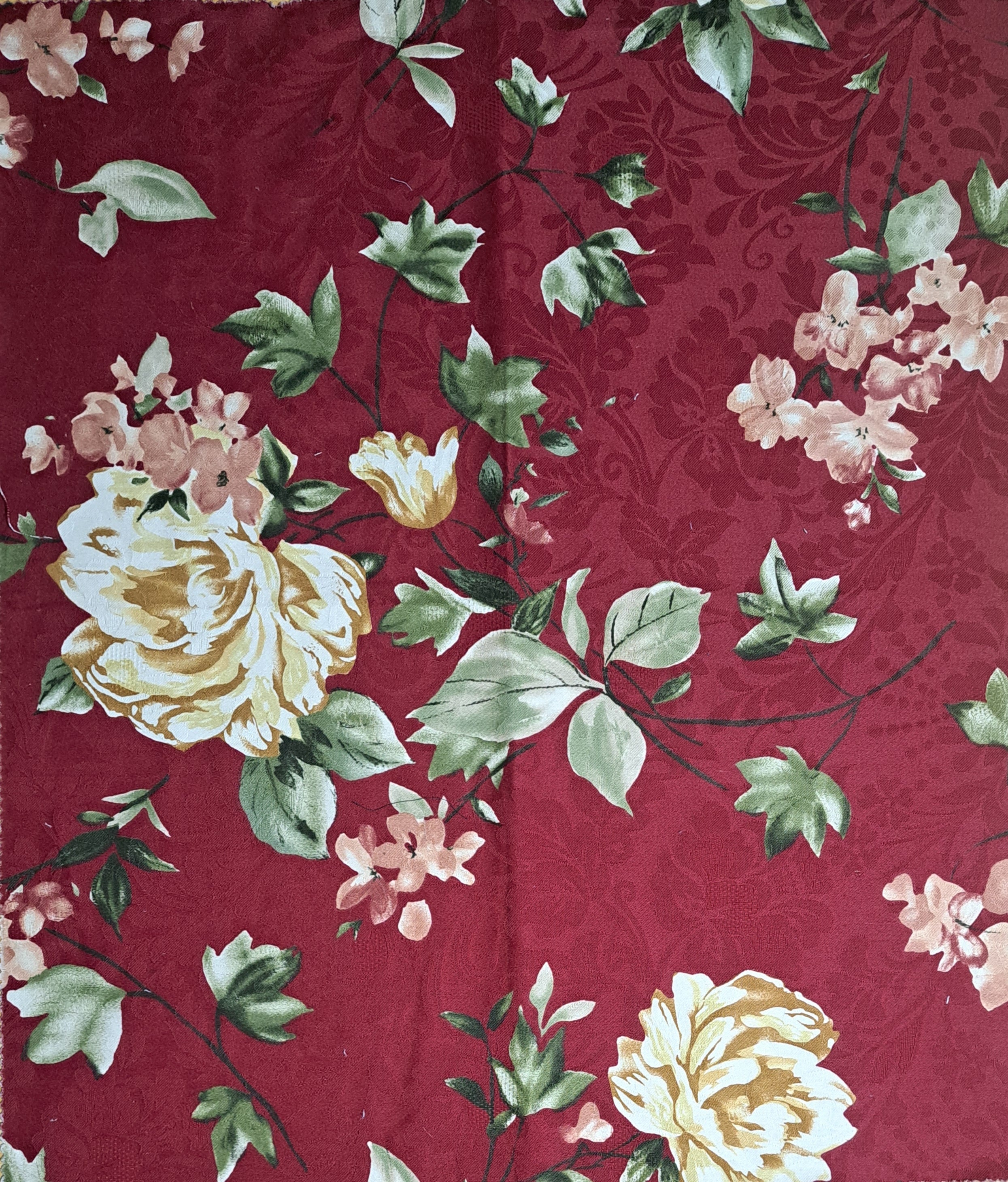 Burgundy Floral Damask Fabric Remnant 22" x 26" – Cream Roses, Sage Green Leaves, Cottage & Victorian Decor (F1)