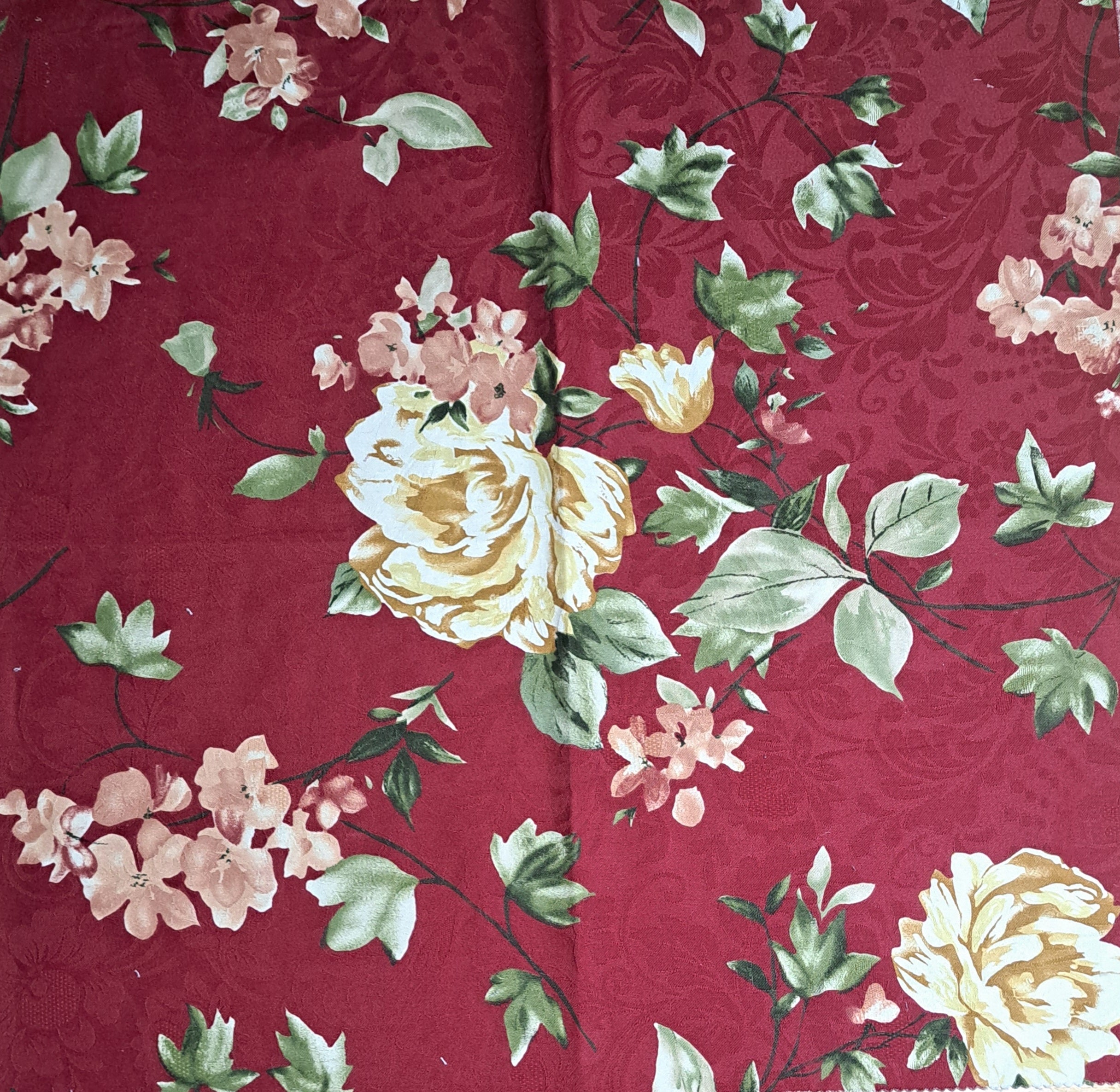 Burgundy Floral Damask Fabric Remnant 26" x 26" – Cream Roses, Sage Green Leaves, Cottage & Victorian Decor. (F2)
