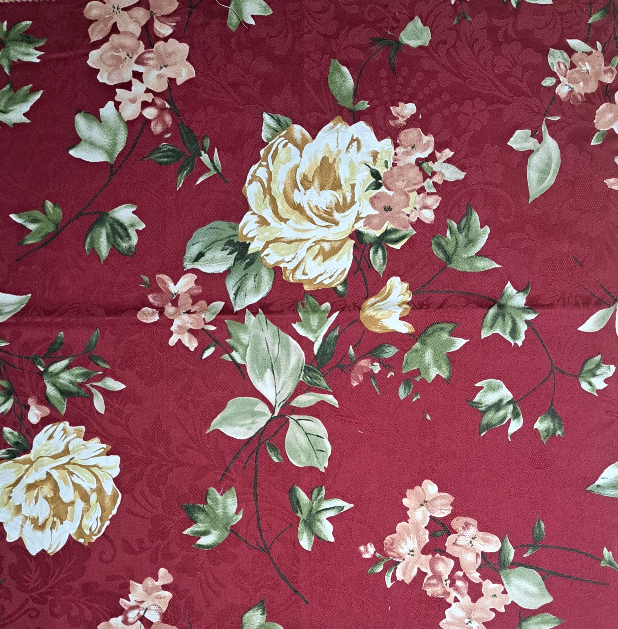 Burgundy Floral Damask Fabric Remnant 25" x 26" – Cream Roses, Sage Green Leaves, Cottage & Victorian Decor (F3)