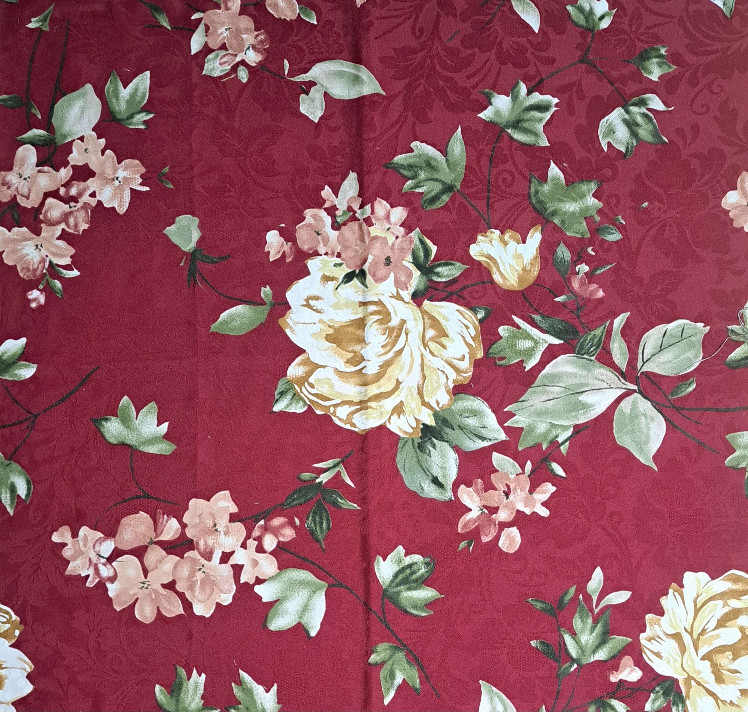 Burgundy Floral Damask Fabric Remnant 26" x 26" – Cream Roses, Sage Green Leaves, Cottage & Victorian Decor (F4))