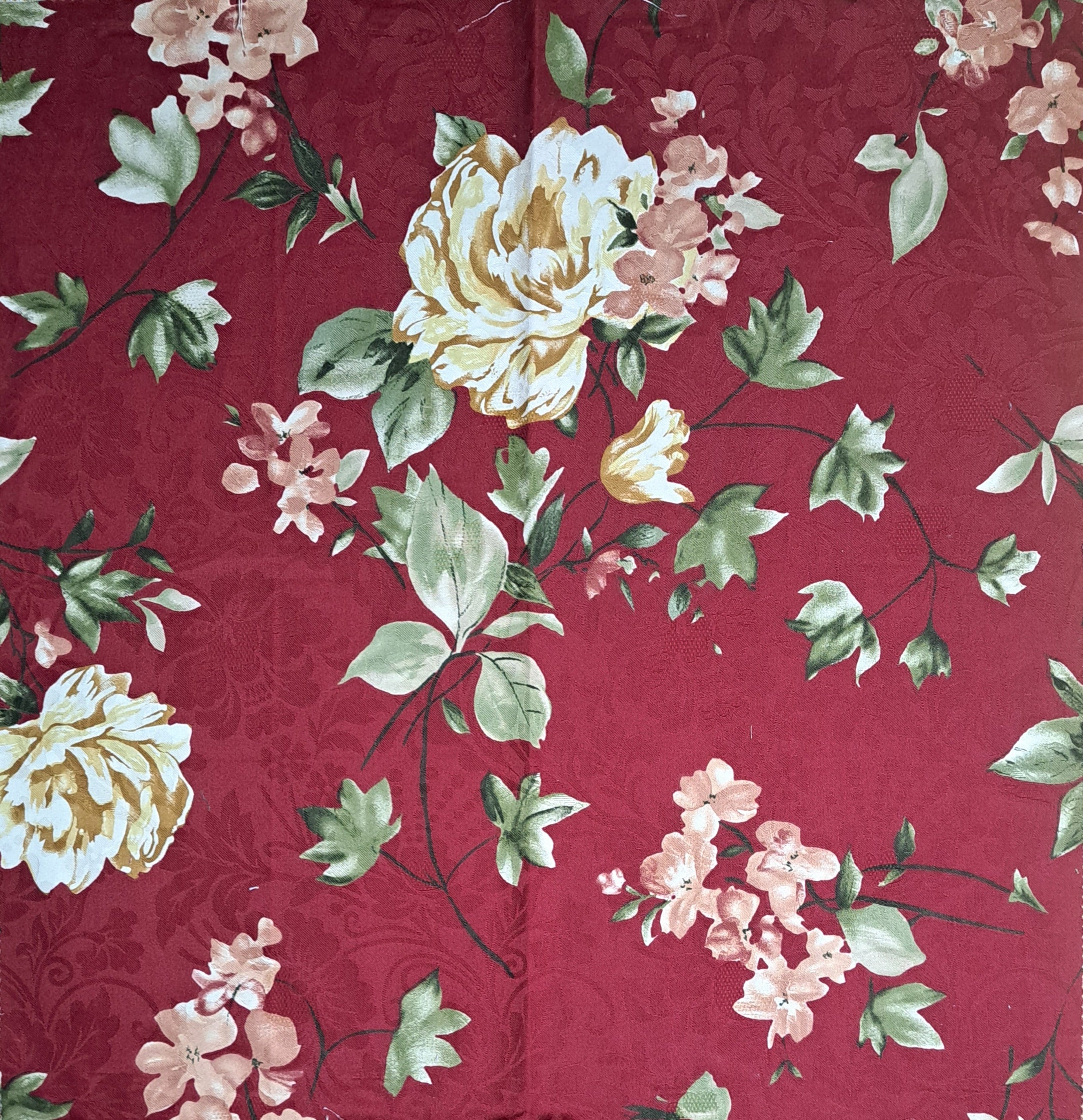 Burgundy Floral Damask Fabric Remnant 25" x 26" – Cream Roses, Sage Green Leaves, Cottage & Victorian Decor (F5)