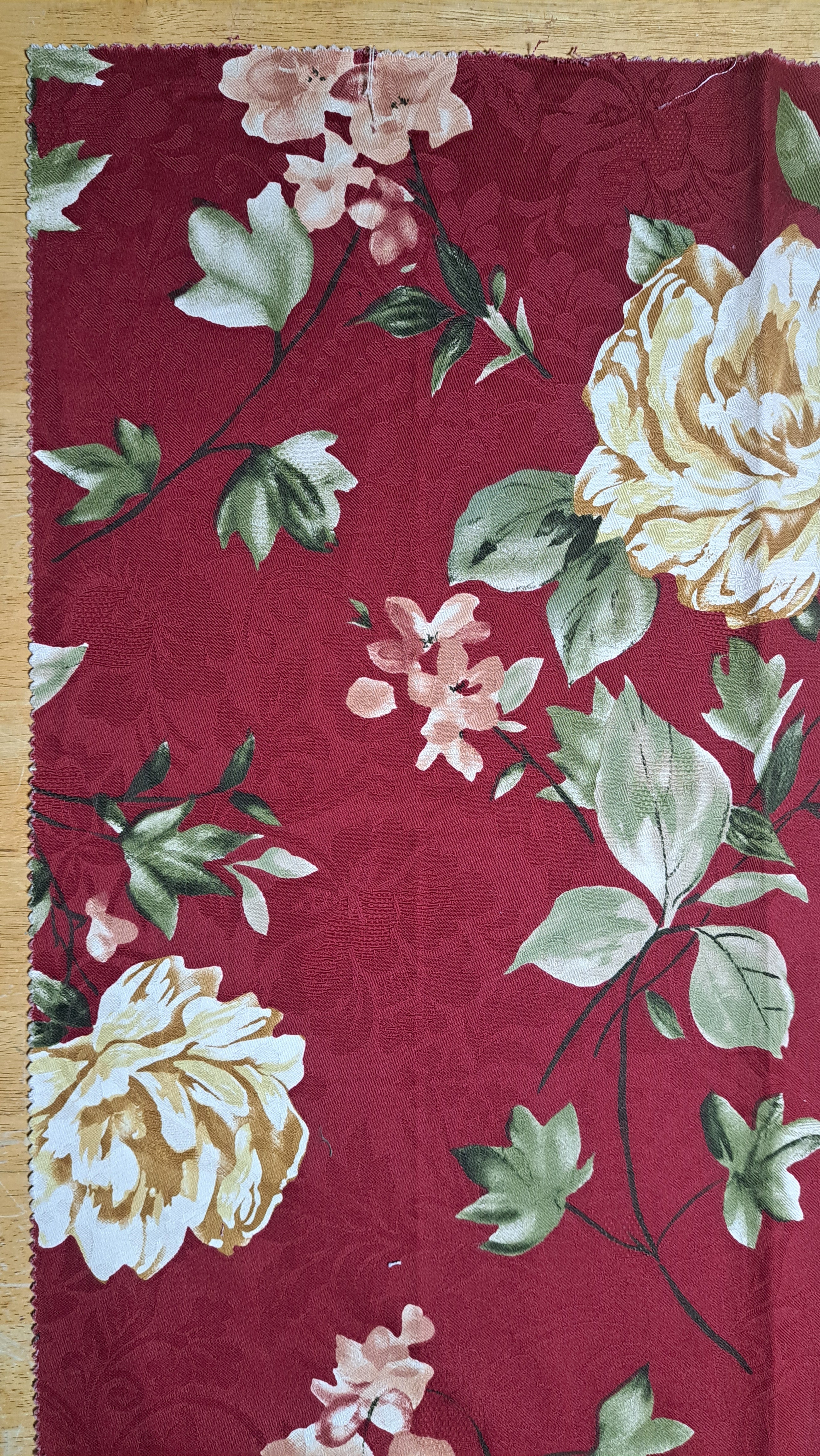Burgundy Floral Damask Fabric Remnant 25" x 26" – Cream Roses, Sage Green Leaves, Cottage & Victorian Decor (F5)