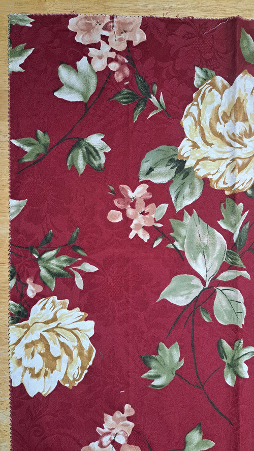 Burgundy Floral Damask Fabric Remnant 22" x 26" – Cream Roses, Sage Green Leaves, Cottage & Victorian Decor (F1)