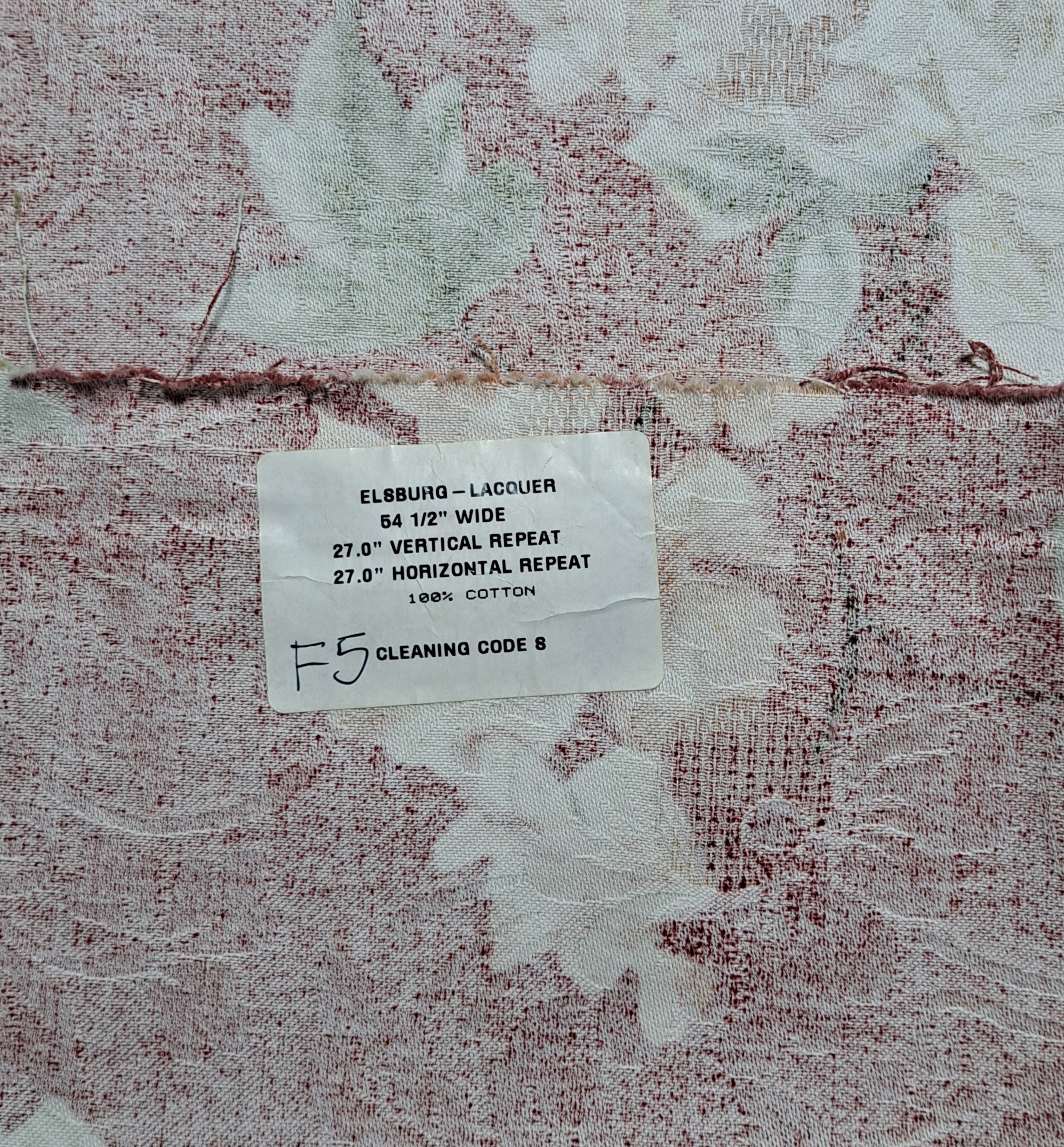 Burgundy Floral Damask Fabric Remnant 25" x 26" – Cream Roses, Sage Green Leaves, Cottage & Victorian Decor (F5)